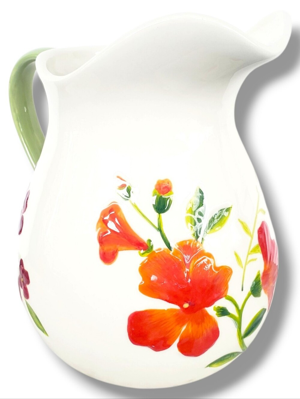 Home Studio Garden Bouquet Pitcher Raised Hand Painted Floral White Red Embossed - Picture 5 of 7